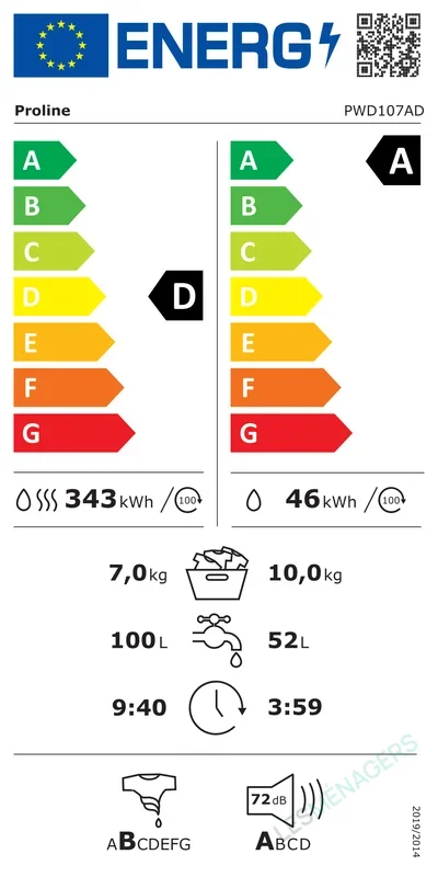Étiquette énergie — PROLINE PWD107AD