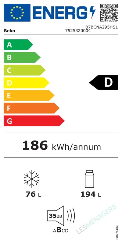Étiquette énergie — Beko B7BCNA295HS1