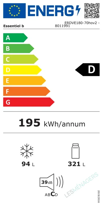 Étiquette énergie — Essentiel B ERDVE180-70HOV2