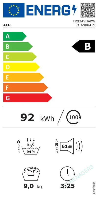 Étiquette énergie — AEG TR93A9H4BW