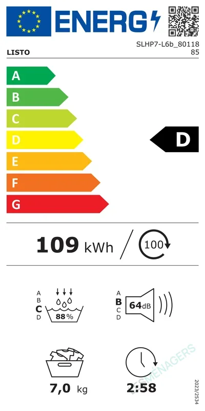 Étiquette énergie — Listo SLHP7-L6B