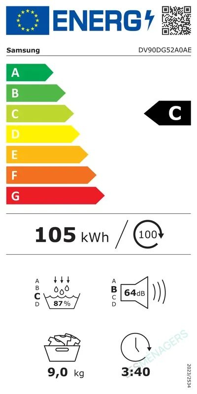 Étiquette énergie — Samsung DV90DG52A0AE